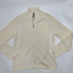 Woolrich Womens Medium‎ Texture Knit Fullzip Sweater Cream Ivory Ribbed Sleeves